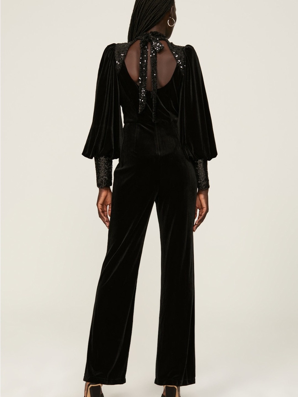 Badgley Mischka Black Velvet Puff-Sleeve Jumpsuit sequin open back bow - Picture 2 of 10